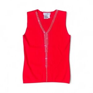Tessori Red Rhinestone Embellished V Neck Sleeveless Knit Tank Top Womens Medium